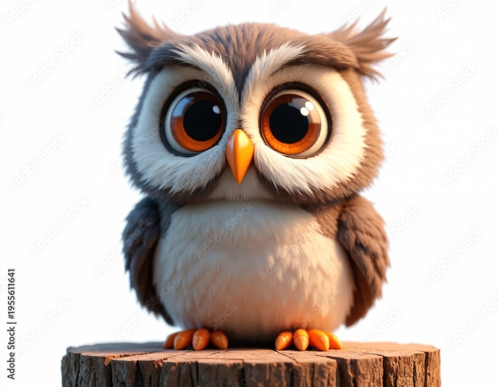 Obraz premium Cute cartoon owl with big orange eyes sits on wood stump. This fluffy baby bird has realistic feathers and looks curious. Fun illustration for kids nature or education themes.