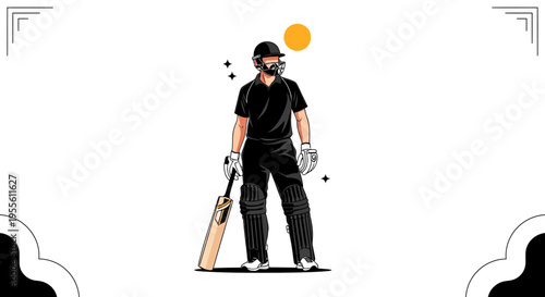 Cricket player in black uniform with bat and helmet