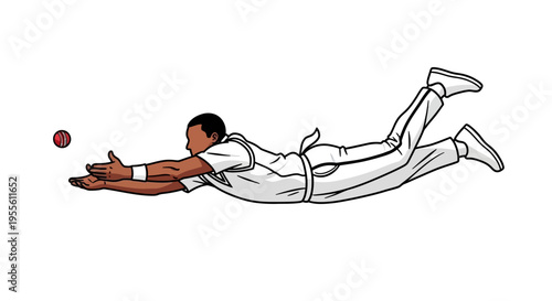 Cricket player diving to catch a ball in mid air