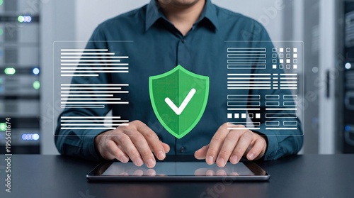 Data security specialist monitoring protected information on a digital screen with a green shield icon, conceptualizing corporate data privacy and server room safety, professional