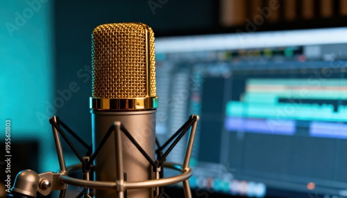 Close-up of a golden microphone with audio editing software on a computer screen.