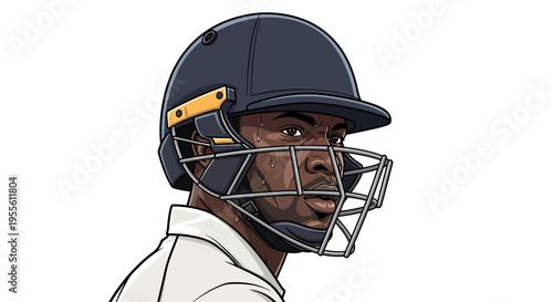 Cricket player wearing helmet and protective face guard