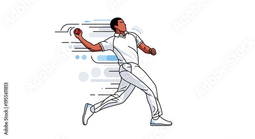 Man in white uniform throwing red ball with motion lines