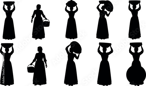 Black Silhouette Vector Set of 19th Century Village Women Carrying Wicker Baskets and Water Jugs on Their Heads and Hands