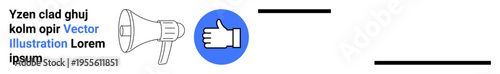 Communication, feedback, promotion, social media, marketing, brand engagement. A megaphone and thumbs-up icon over text. Communication and feedback are the focus of this concept