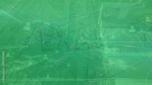 Animation of exam text and network of connections over cityscape