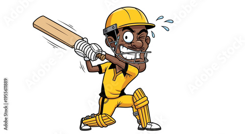 Cricket player in action swinging bat with sweat drops