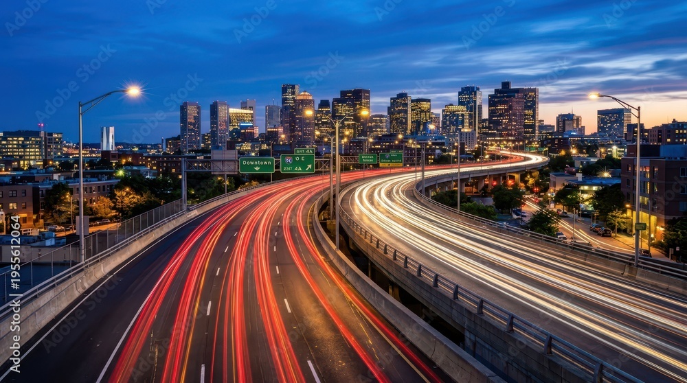 Fototapeta premium Dynamic Night Cityscape with Light Trails and Urban Skyline