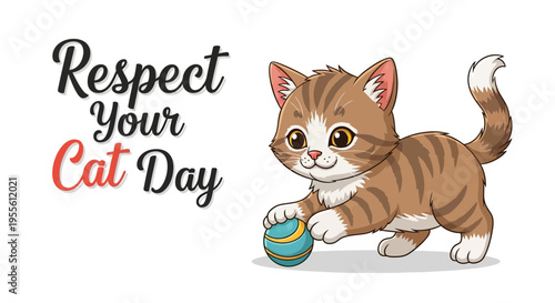 Illustration of a cute cartoon cat playing with a ball on Respect Your Cat Day with a colorful and lively design.