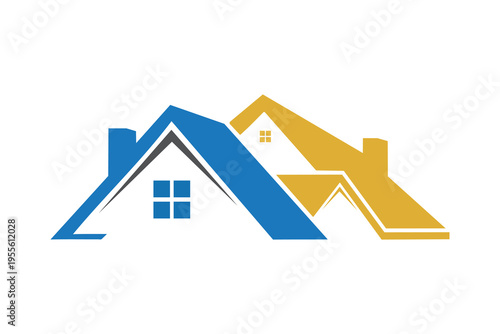 Stylized illustration of two overlapping house roofs, one blue and one yellow, representing real estate or home ownership concepts.
