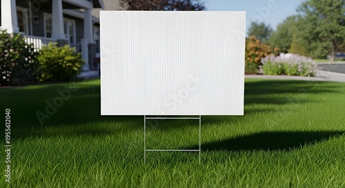 Blank white yard sign on metal stand in green grassy lawn