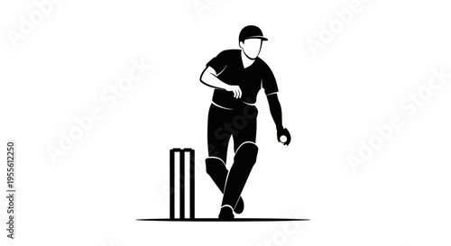 Cricket player silhouette running with ball and wickets