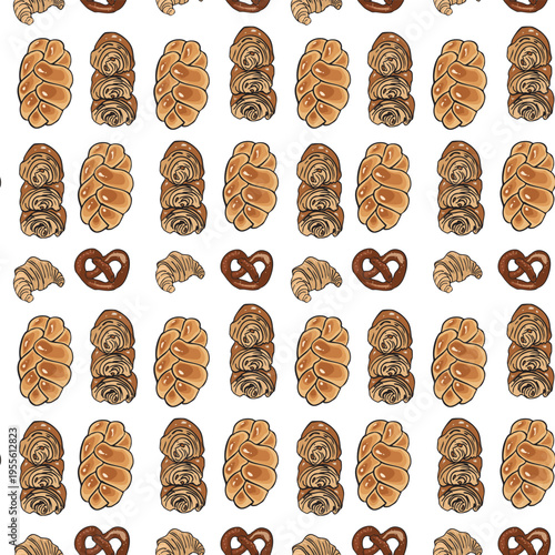A detailed and appetizing seamless vector pattern of various traditional European bakery products. The pattern features neat rows of intricately detailed braided challah bread (plait loaf), cinnamon