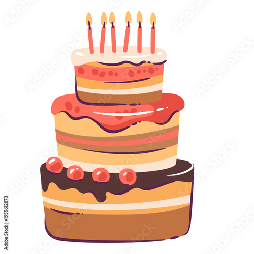 Birthday cake multi layer dessert with frosting, dripping glaze and candles on top. Birthday cake for celebration party decor, festive design, greeting card, sticker, cartoon vector illustration