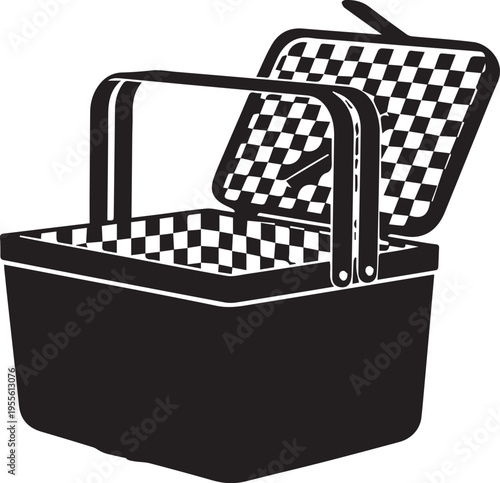 Open picnic basket with checkered lining silhouette vector illustration wicker storage box