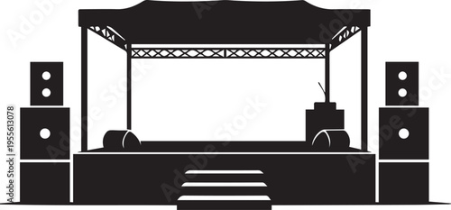 Outdoor stage with speakers, vector silhouette illustration of concert setting
