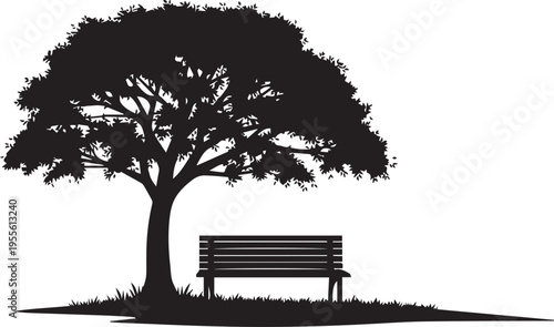Tree and park bench, vector silhouette illustration of nature and resting spot