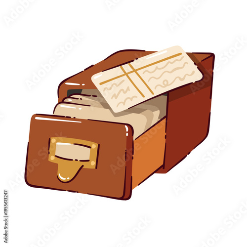 Library card catalog drawer with label holder, index card and wooden archive box in vintage style. Reading room, book lover decor and library storage with card catalog drawer, cartoon vector illustrat