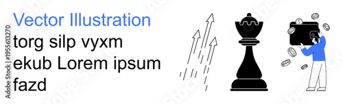 Business strategies, financial growth, leadership, decision-making, investment, profitability. Black chess piece and upward arrows with a person carrying a briefcase and floating money. Business