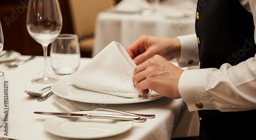 Hands folding white napkin on fine dining table setting with silverware and wine glasses