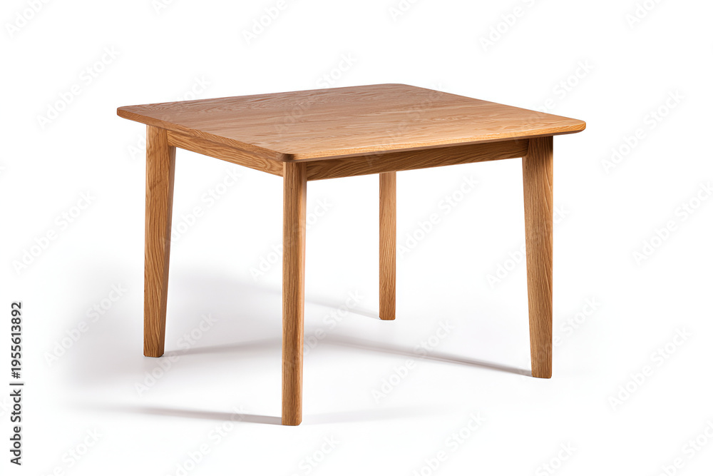 Fototapeta premium A square wooden table with four legs, seen from a three-quarter perspective, casting a shadow on a white backdrop