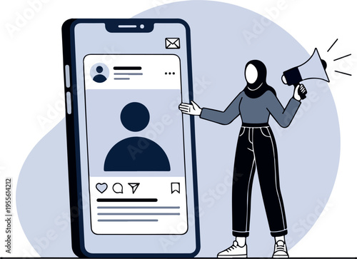 Muslim Woman Promoting Social Media Profile with Megaphone and Smartphone