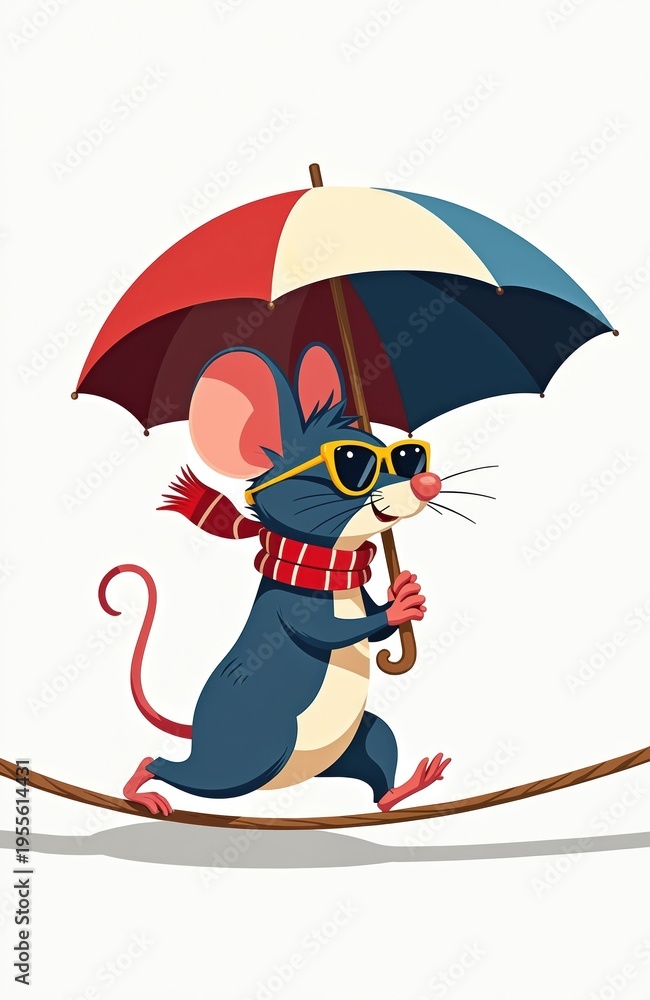 Fototapeta premium Cartoon mouse with sunglasses and scarf walks on tightrope holding umbrella. Cute animal balances on thin rope with colorful parasol. Rodent is playful and brave.