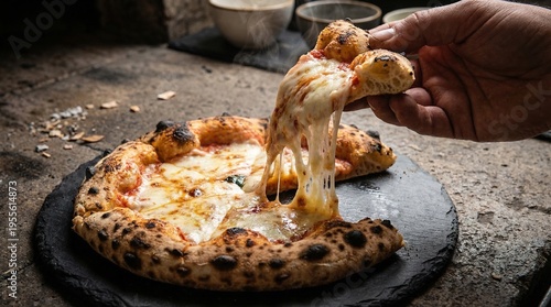 Tableau sur toile A dramatic shot of a slice of pizza being lifted, showing long strands of melted cheese