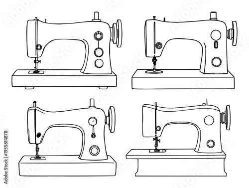 Sewing machine set with vintage black outline design featuring antique, retro, classic with handicraft and needlework
