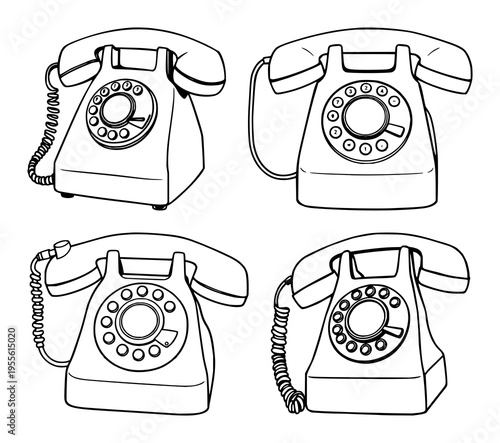Retro rotary telephone set with black line art design featuring telephone, classic, vintage with line, minimalist and illustration