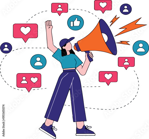 Social Media Marketing Promotion with Woman Holding Megaphone and Engagement Icons