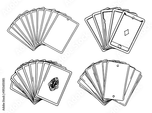 Tarot Cards set with fanned layout and intricate black line art featuring occult, fortune telling, spirituality with magic and mysticism