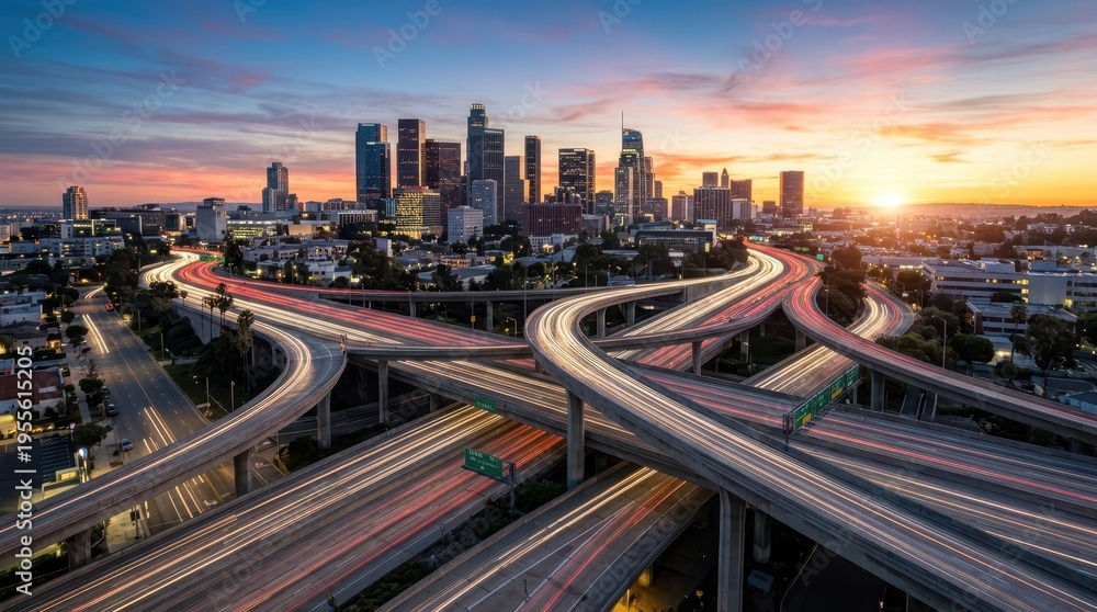 Obraz premium Urban Sunset Over Los Angeles with Busy Highways and Skyline