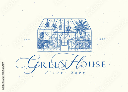 Greenhouse label with text flower shop drawing in graphic art style with blue on light background