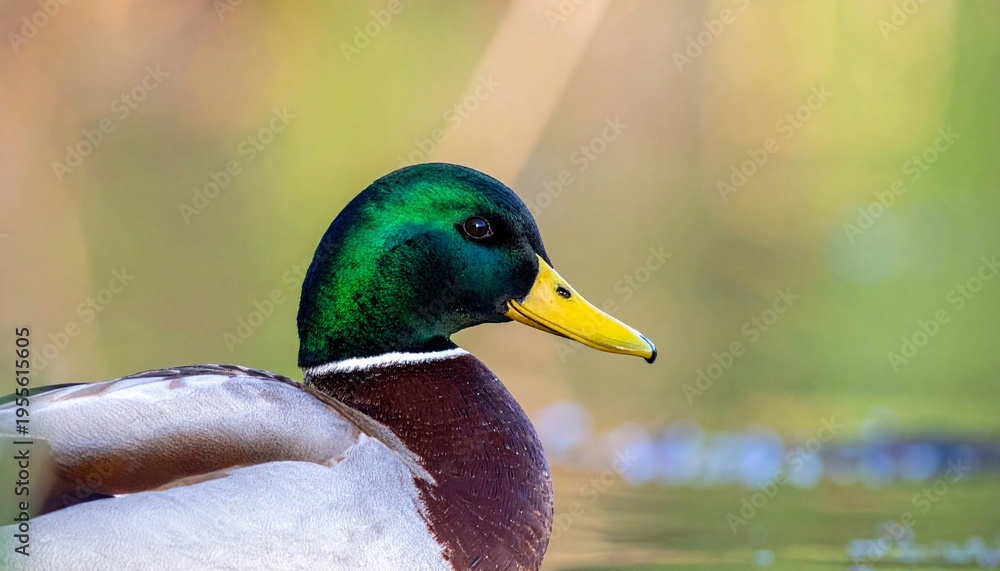 Obraz premium Emerald head glides through calm waters.