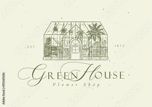 Greenhouse label with text flower shop drawing in graphic art style with green on light background