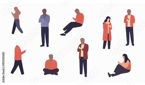 Smartphone addiction concept people using mobile phones flat vector illustration