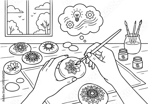Line art vector of hands painting mandala patterns on stones at a desk