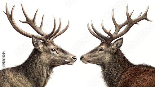 Two majestic red deer stags with large branching antlers facing each other in a profile portrait illustration