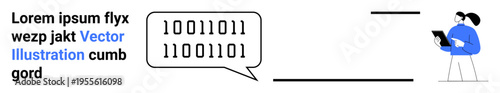 Technology, coding, software development, programming languages, digital communication, information systems. Person with a tablet near binary code speech bubble. Technology and coding concept