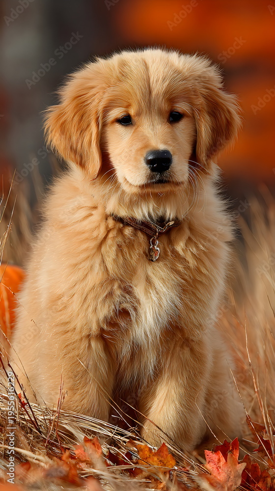 Fototapeta premium Golden retriever puppy sits in tall grass during fall season with colorful leaves around
