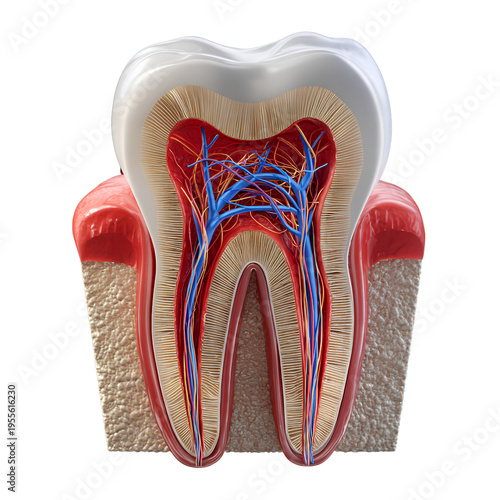Human Tooth Cross Section Anatomy Isolated on Transparent Background, Dental Structure with Nerves and Blood Vessels 3D Illustration