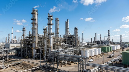 Industrial Complex with Refineries and Pipelines under Blue Sky
