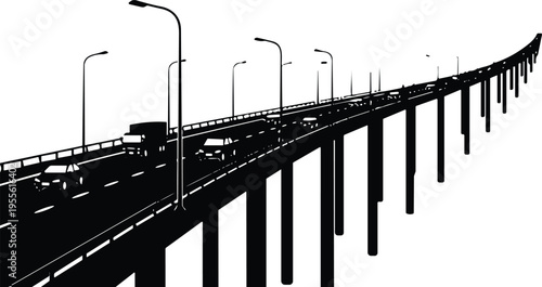 Long bridge silhouette with street lights perspective view representing highway transportation infrastructure isolated on white background minimalist black illustration