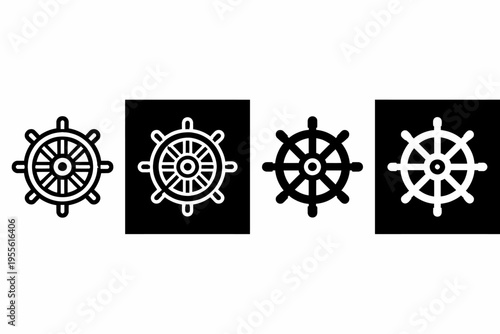 Four nautical ship wheel icons in different styles and colors