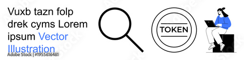 Cryptocurrency, digital assets, online security, blockchain technology, fintech, data analysis. Magnifying glass, token text and seated woman with laptop. Cryptocurrency and digital assets concept