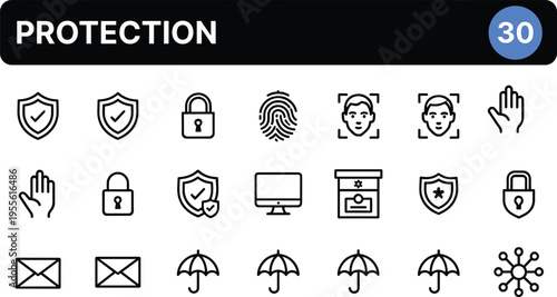 Protection Line Icons Set, Security Shield Lock Fingerprint Face Recognition Cyber Safety Editable Stroke Vector Collection