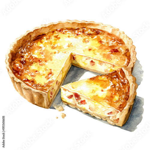 Quiche Lorraine watercolor drawing vector, premium quality illustration on a clean white background.