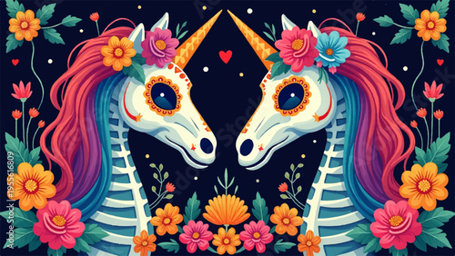 Two unicorns with colorful manes and flowers on a dark background with hearts and stars