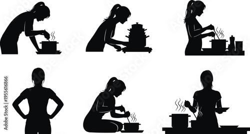 Silhouettes of woman cooking in kitchen preparing food stirring pot and steaming dishes representing home cooking and culinary activity isolated on white